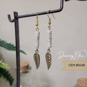 Classy, White, Gold Beaded Dangle Feather Earrings- Tineka Dawn